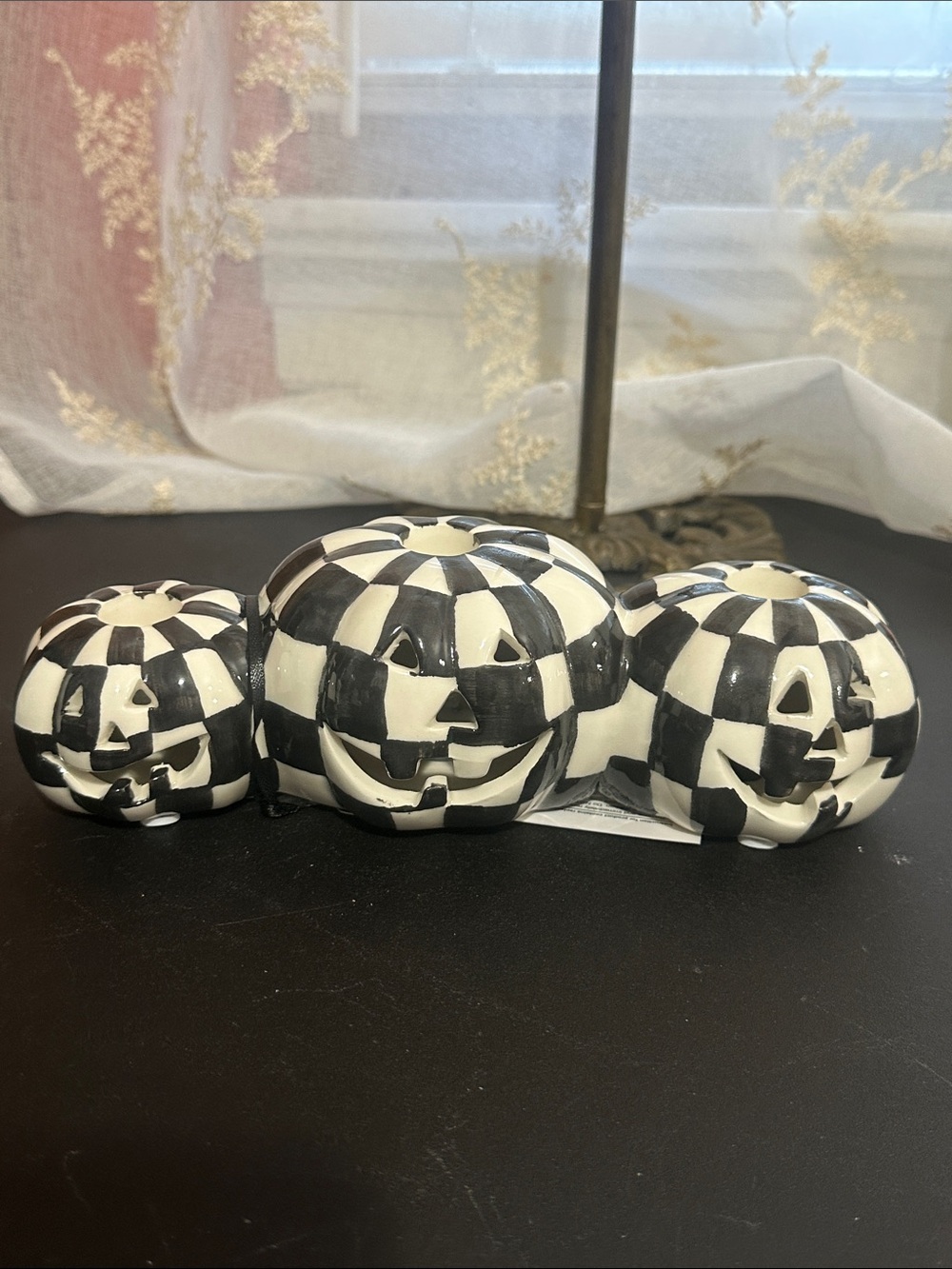 Halloween pumpkin black and white checkered LED candle holder